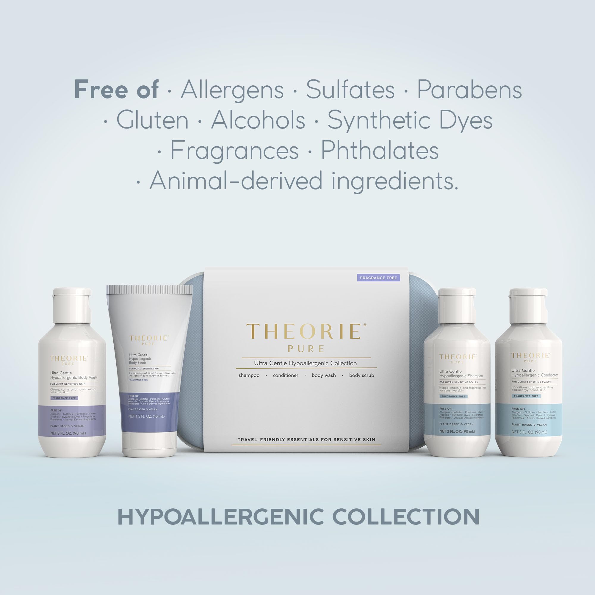 Theorie Pure conditioner bottle demonstrating hydrating care without fragrance for smoother hair.
