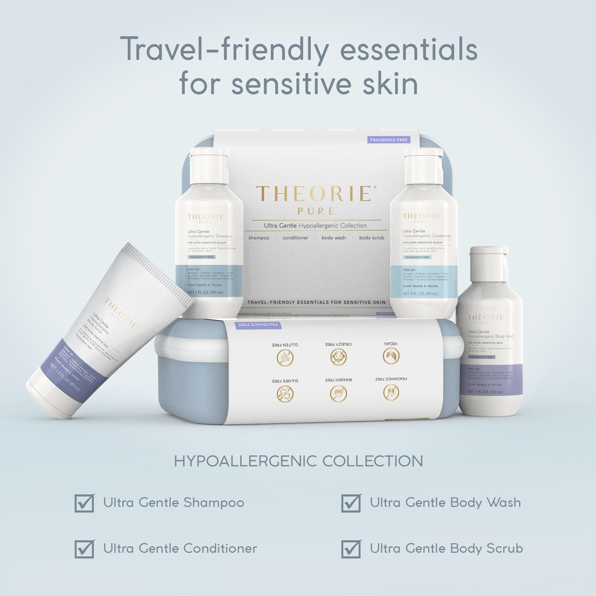 Theorie Pure travel organizer bag keeping clean beauty essentials neatly organized.