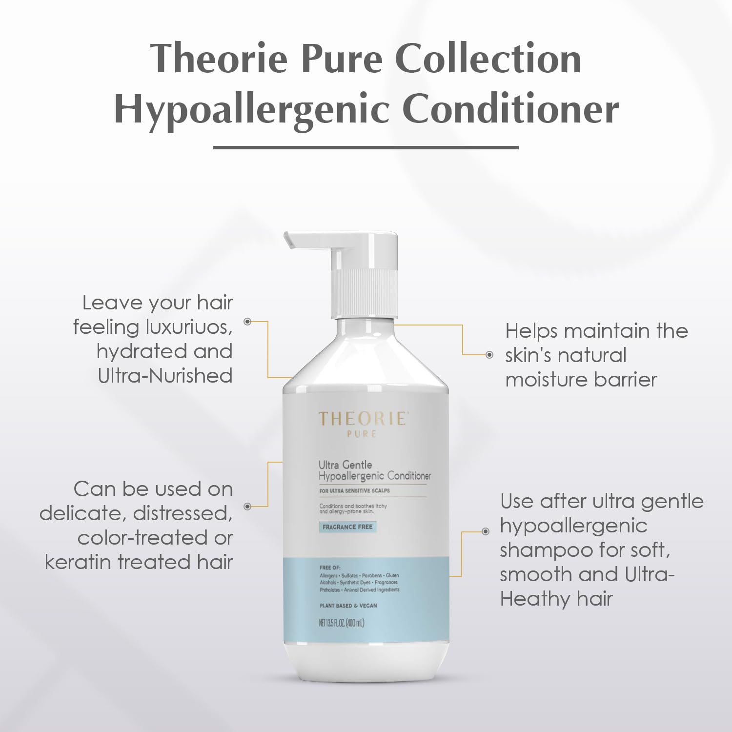 Argan and Marula oils highlighted as nourishing botanicals in Theorie conditioner.