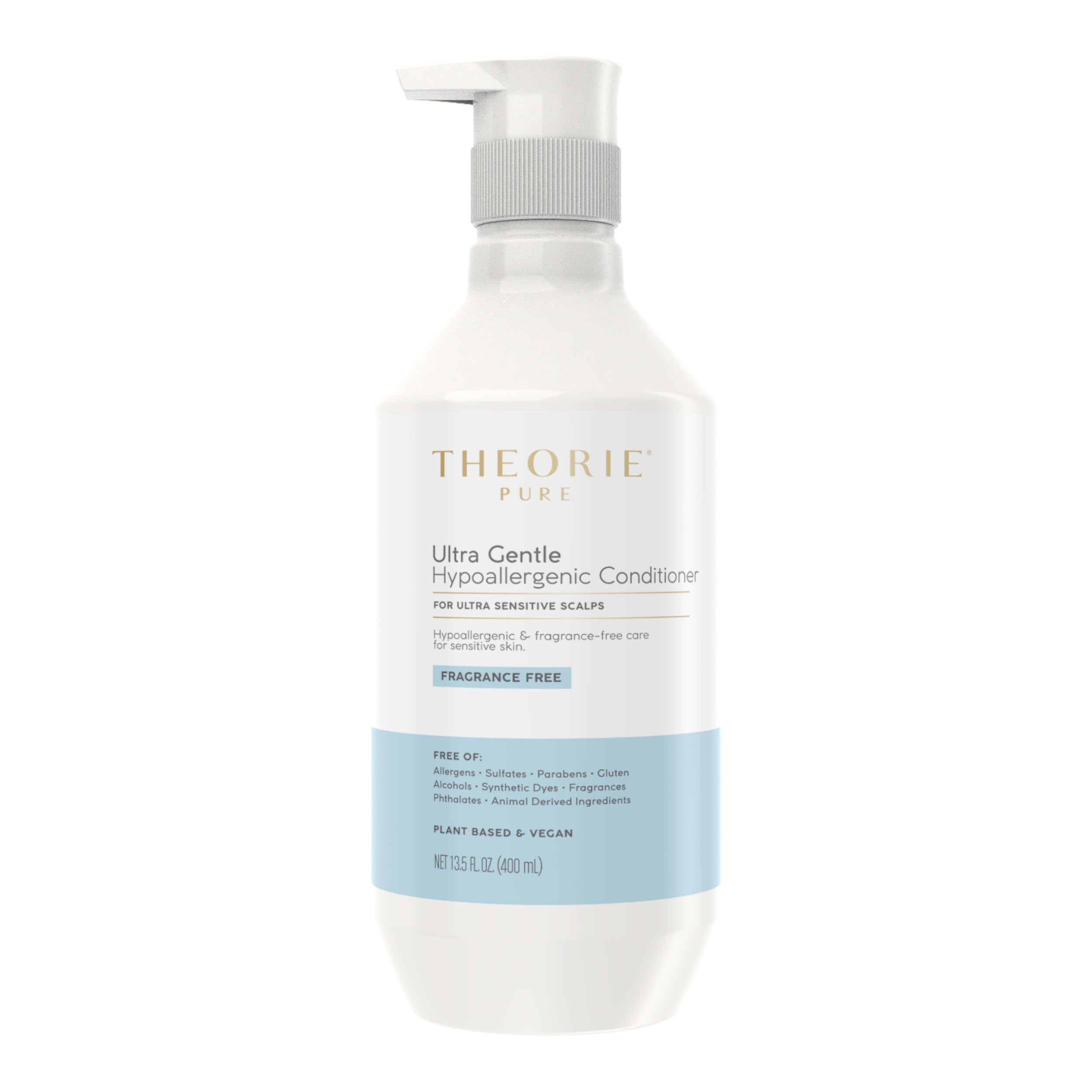 The Theorie Pure Ultra Gentle Conditioner bottle shown for fragrance-free daily conditioning.