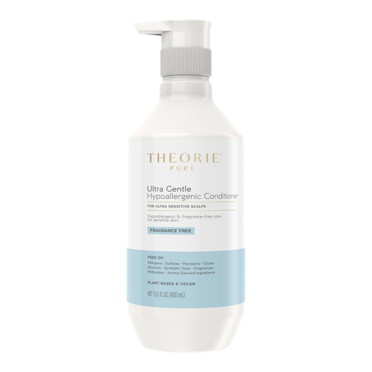 The Theorie Pure Ultra Gentle Conditioner bottle shown for fragrance-free daily conditioning.