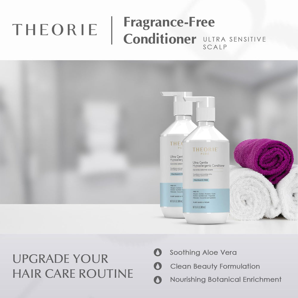 Wet hair application scene shows detangling-friendly conditioning with Theorie conditioner.