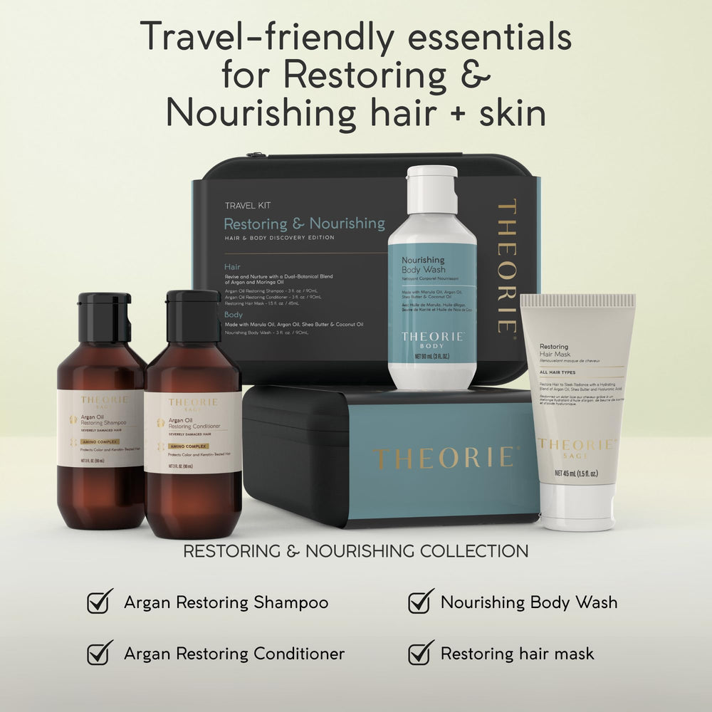 Theorie Restoring and Nourishing Travel Kit hair application close-up shows hydrating formula