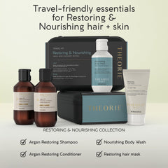 Theorie Restoring and Nourishing Travel Kit hair application close-up shows hydrating formula
