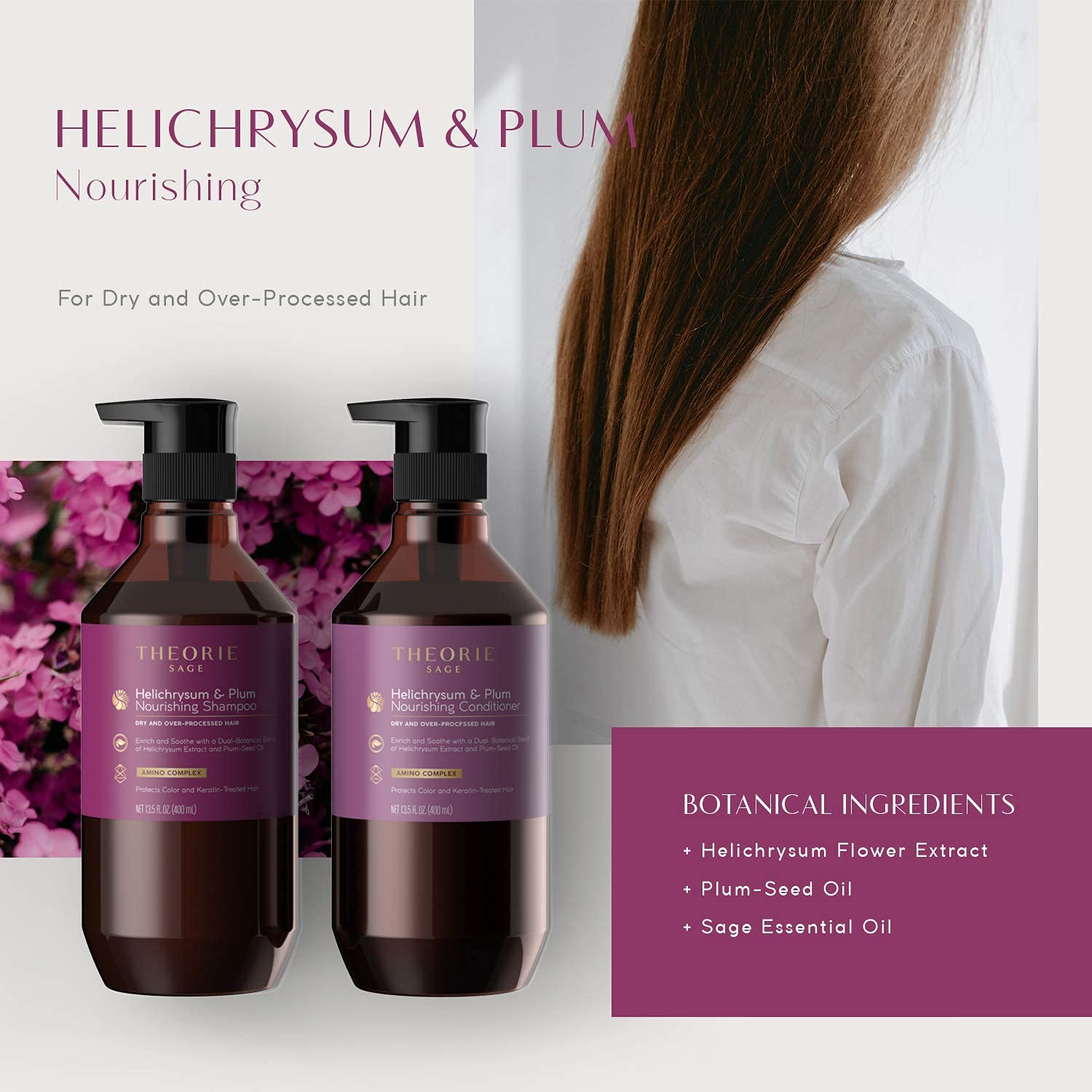 Theorie Sage Helichrysum Plum shampoo after use reveals healthy shine on treated hair.