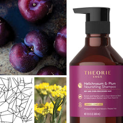 Theorie Sage Helichrysum Plum shampoo ingredients highlight Helichrysum and Ginkgo for nourishment.