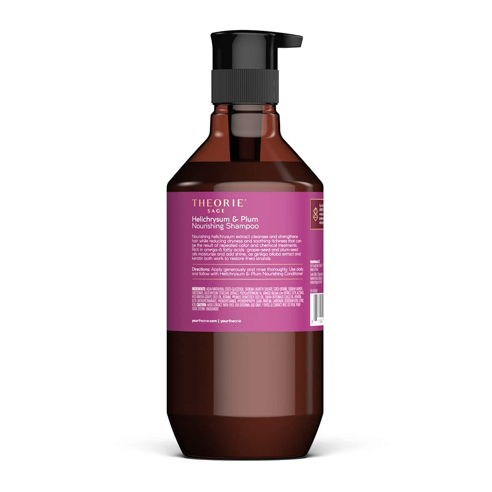 Theorie Sage Helichrysum Plum shampoo label closeup showing color-safe, keratin-friendly formula.