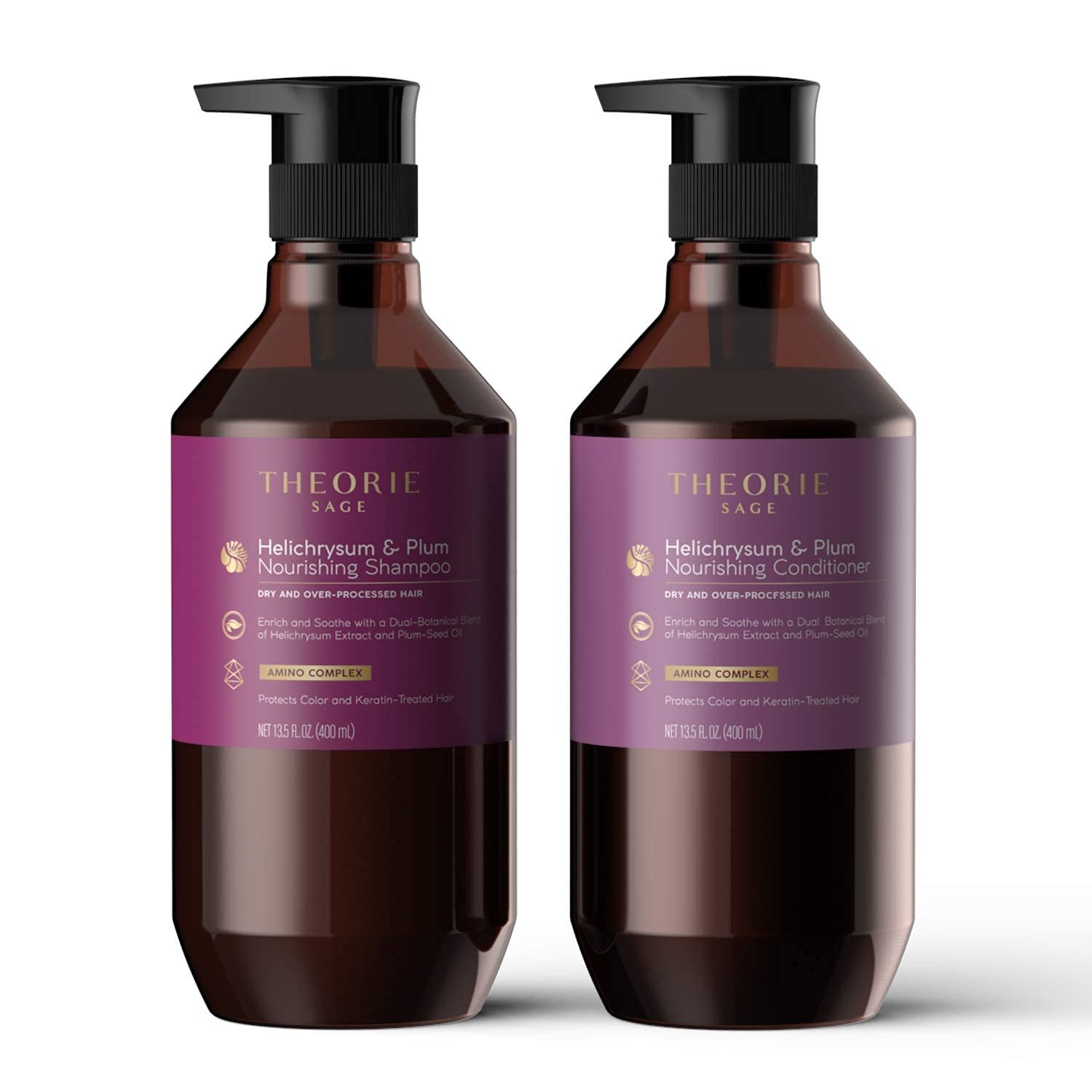 Theorie Sage Helichrysum Plum shampoo rich lather cleanses and hydrates dry strands.