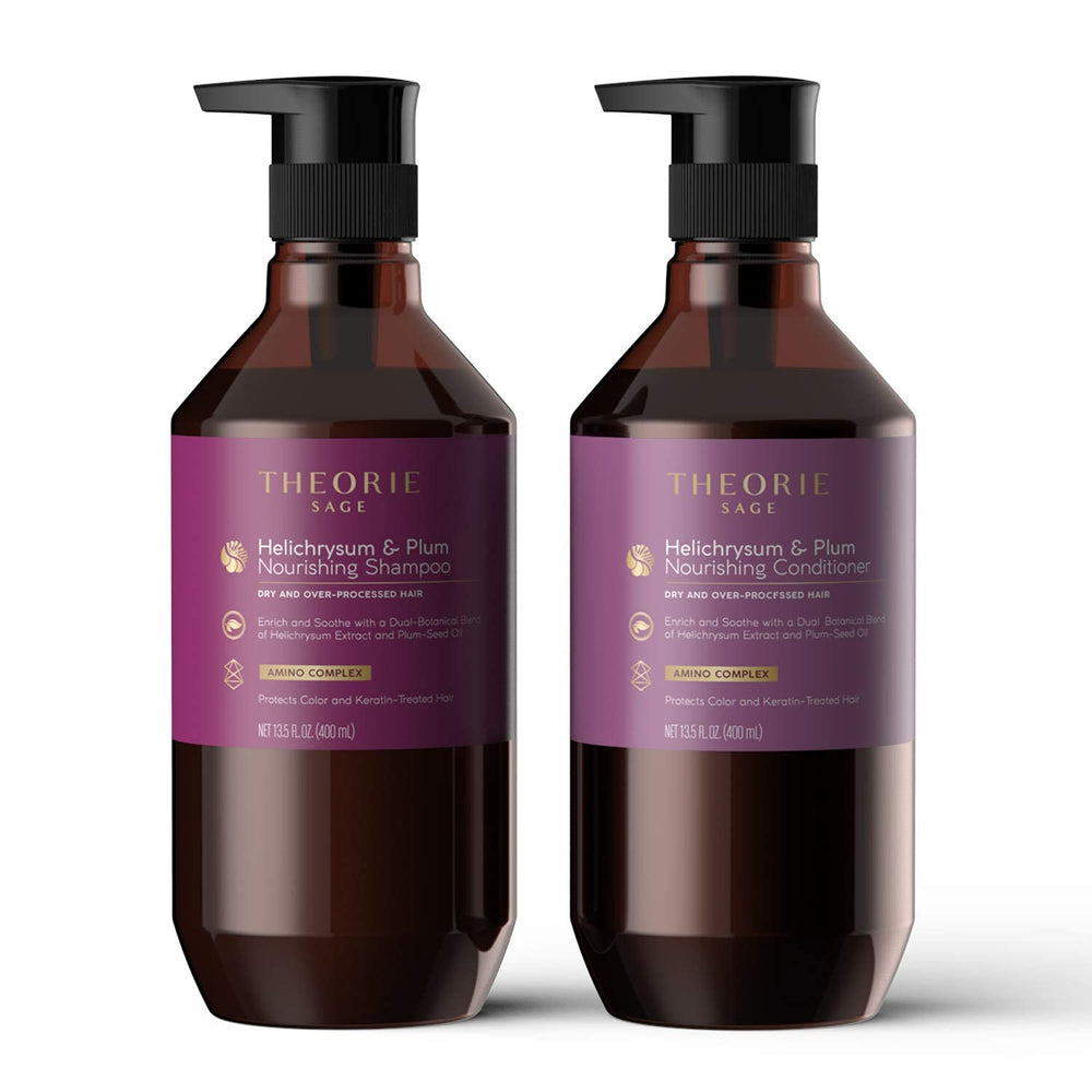 Theorie Sage Helichrysum Plum shampoo rich lather cleanses and hydrates dry strands.
