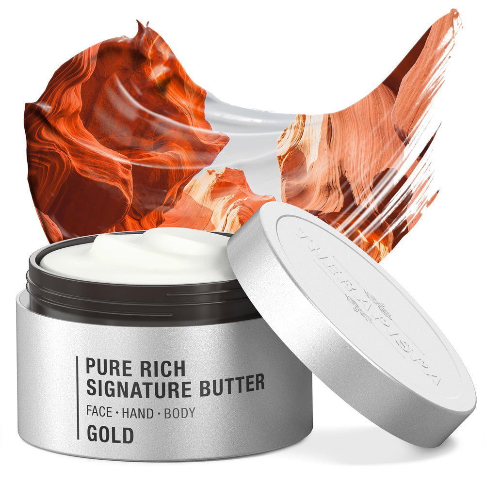 THERAPISPA Moisturizing Body Butter gold label close-up signals premium hydration.