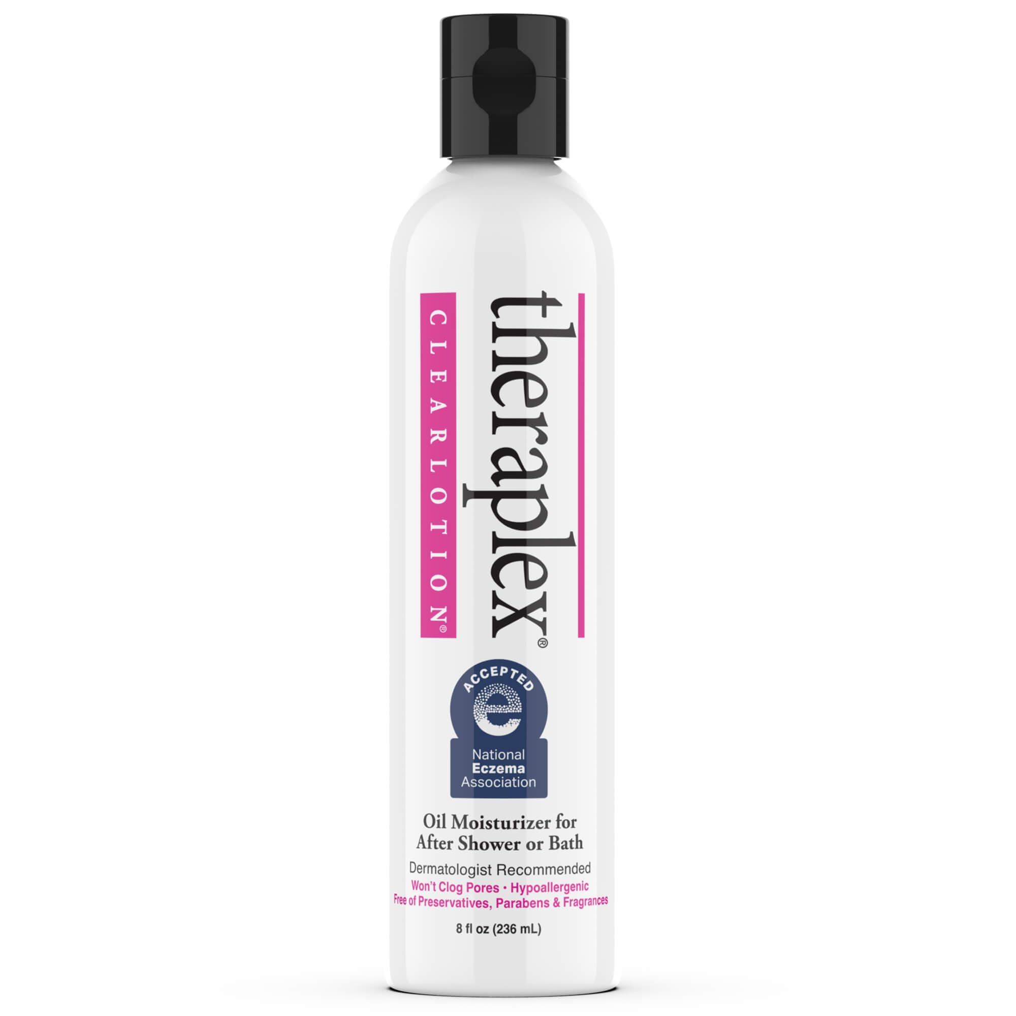Theraplex Clear Emollient Lotion bottle close-up, fragrance-free and dermatologist-recommended.