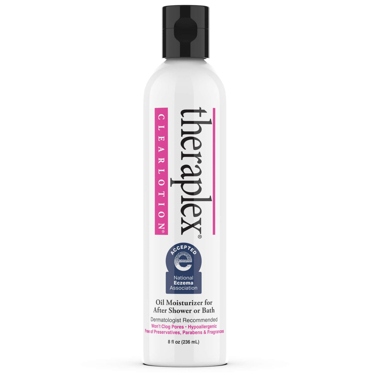 Theraplex Clear Emollient Lotion bottle close-up, fragrance-free and dermatologist-recommended.