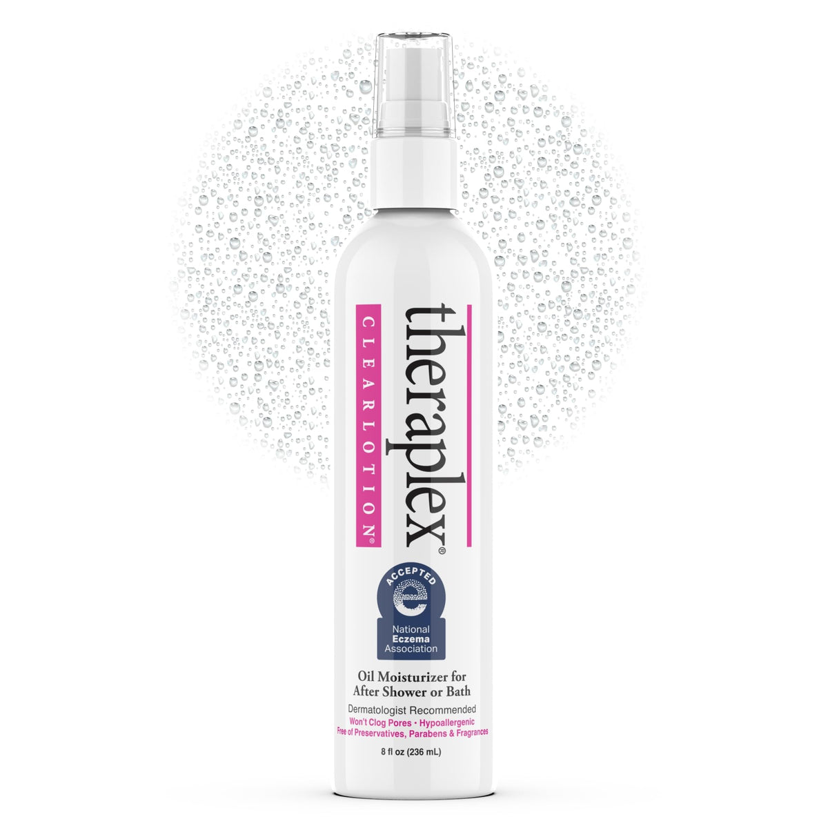 Theraplex Clear Lotion Spray bottle applying after shower for hydration
