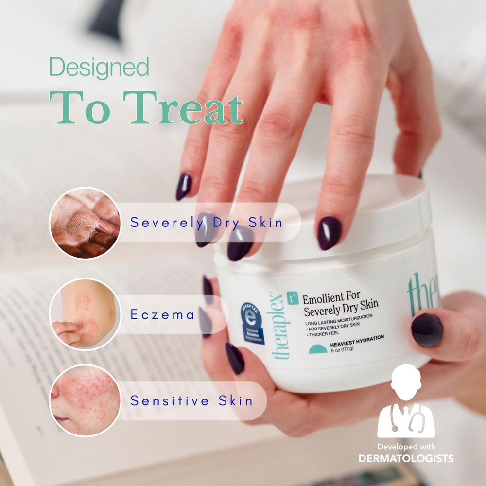 Theraplex Emollient Cream jar texture highlighting rich moisture for dry skin
