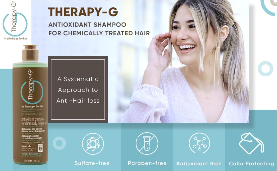 Therapy-G Antioxidant Shampoo being poured for a calm, toxin-neutralizing wash