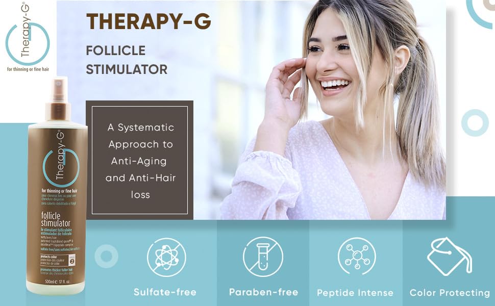 Therapy-G Follicle Stimulator bottle back with usage notes and color-safe formula.