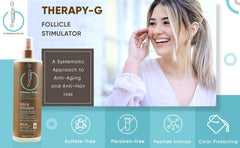 Therapy-G Follicle Stimulator bottle back with usage notes and color-safe formula.