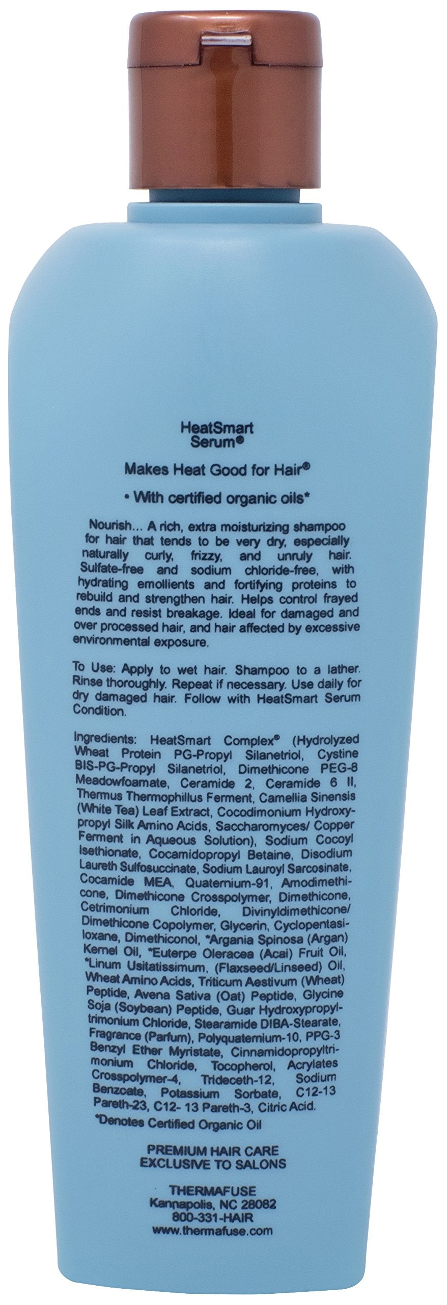 Thermafuse HeatSmart Serum Shampoo packaging closeup highlights the sulfate-free gentle cleanser.