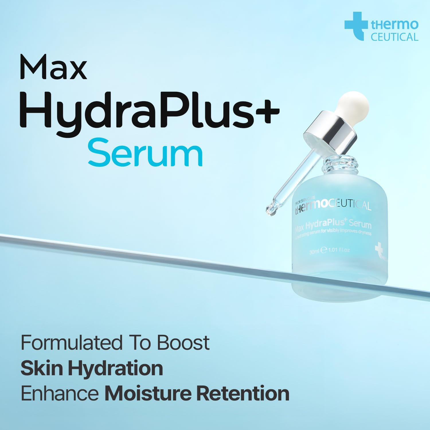 Max HydraPlus+ Serum texture close-up showing fast, non-greasy absorption.