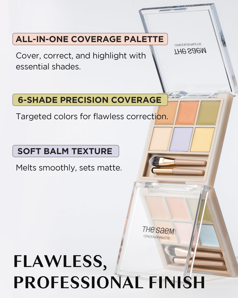 THESAEM concealment targets dark circles and redness with versatile shades.