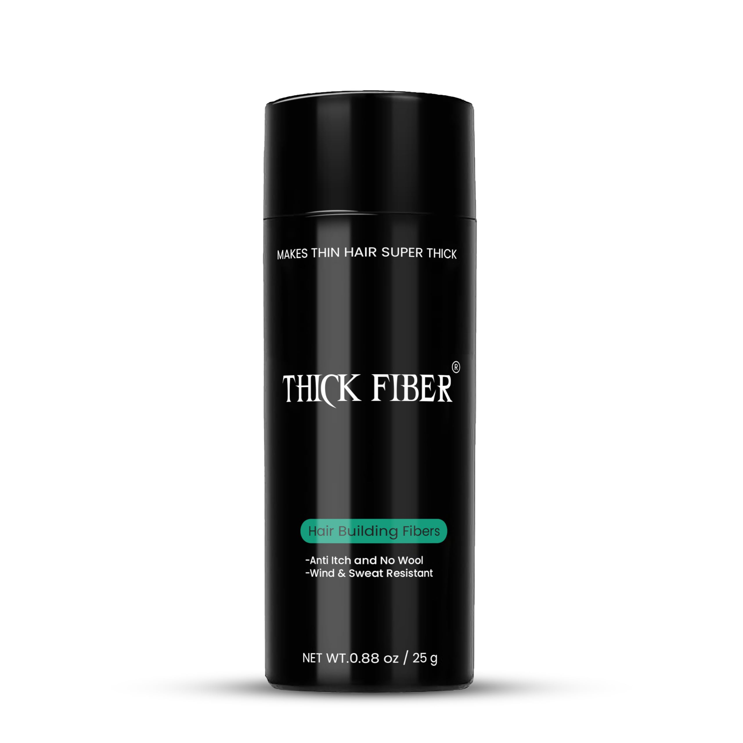 Thick Fiber 25g bottle demonstrates natural color fibers for quick hair coverage.