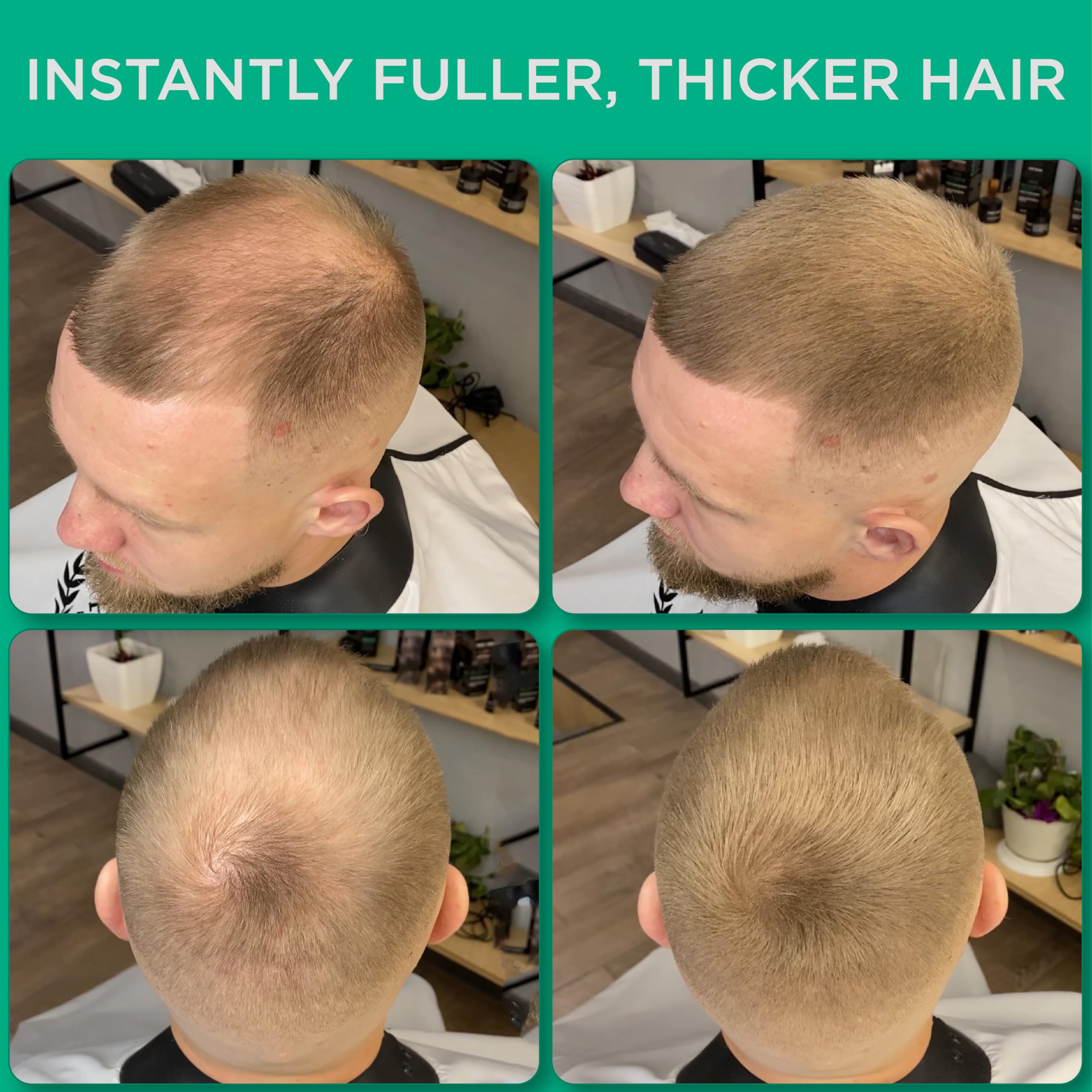 THICK FIBER close-up shows natural keratin fibers blending with real hair.