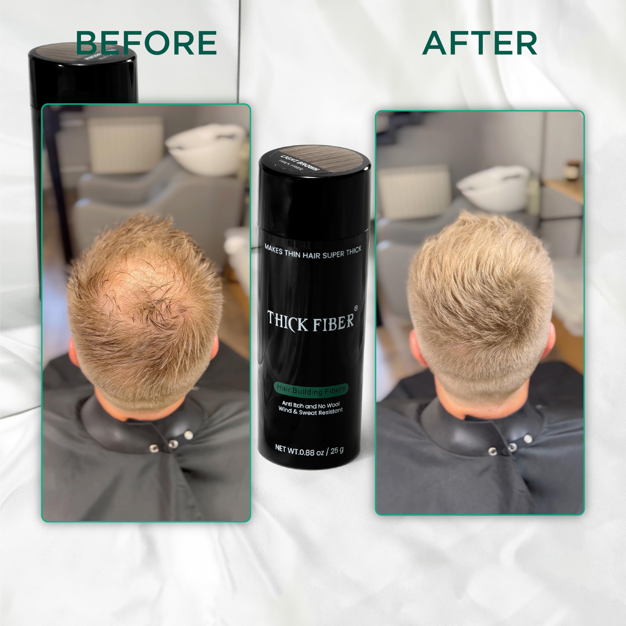 Thick Fiber natural keratin fibers offer itch-free comfort.
