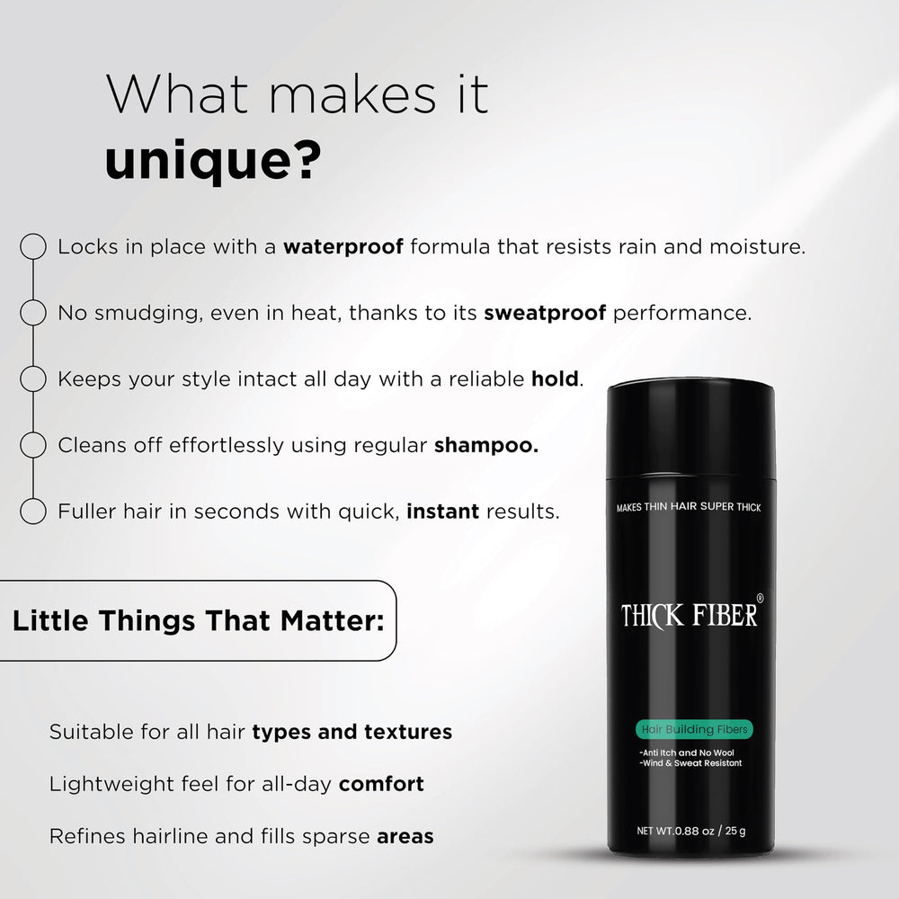 Thick Fiber natural-look finish blends with hair for seamless coverage.