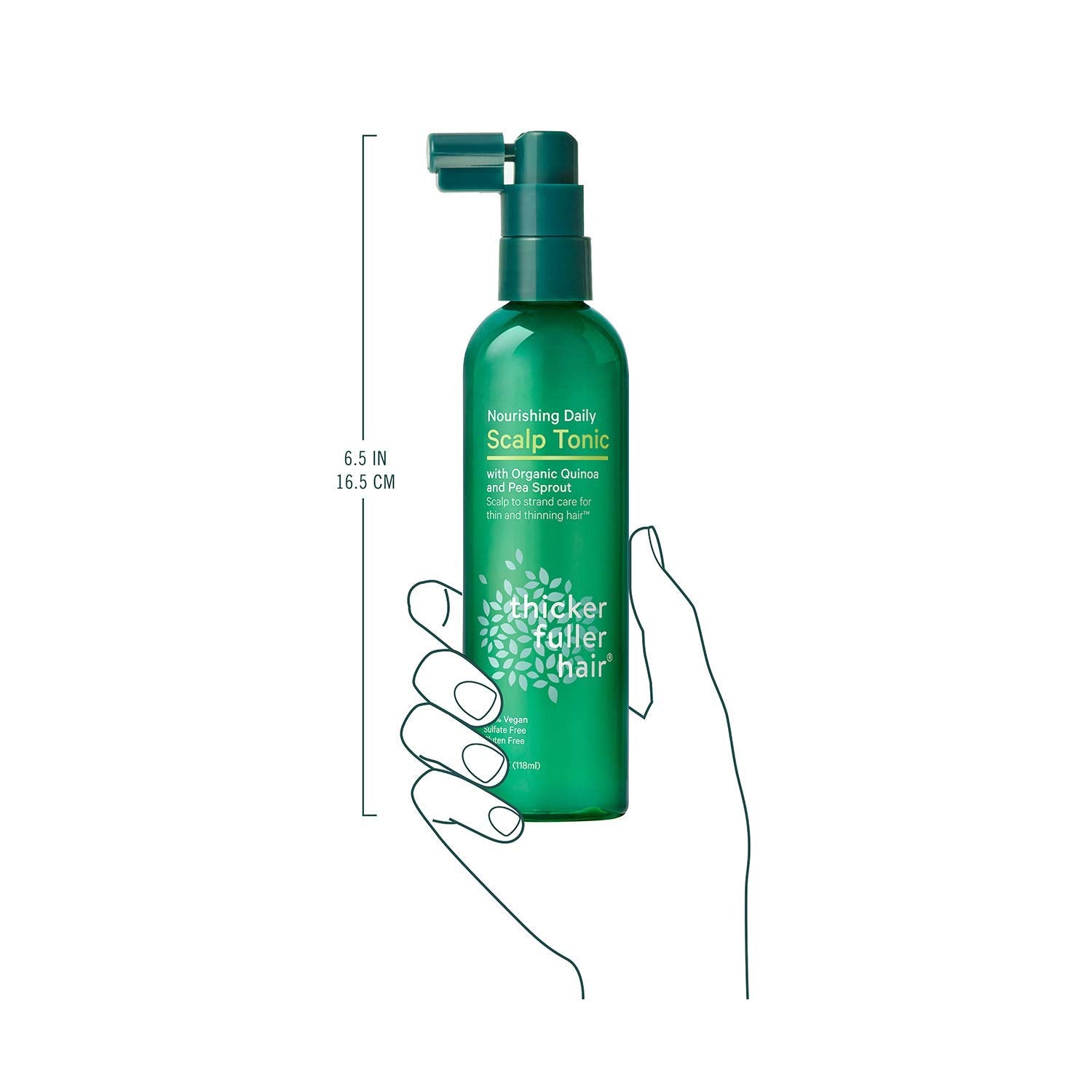 Thicker Fuller Hair bottle on dresser highlighting easy home use.