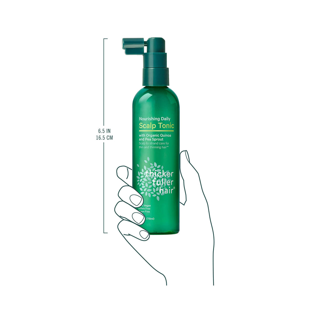 Thicker Fuller Hair green tonic outer packaging draws attention.