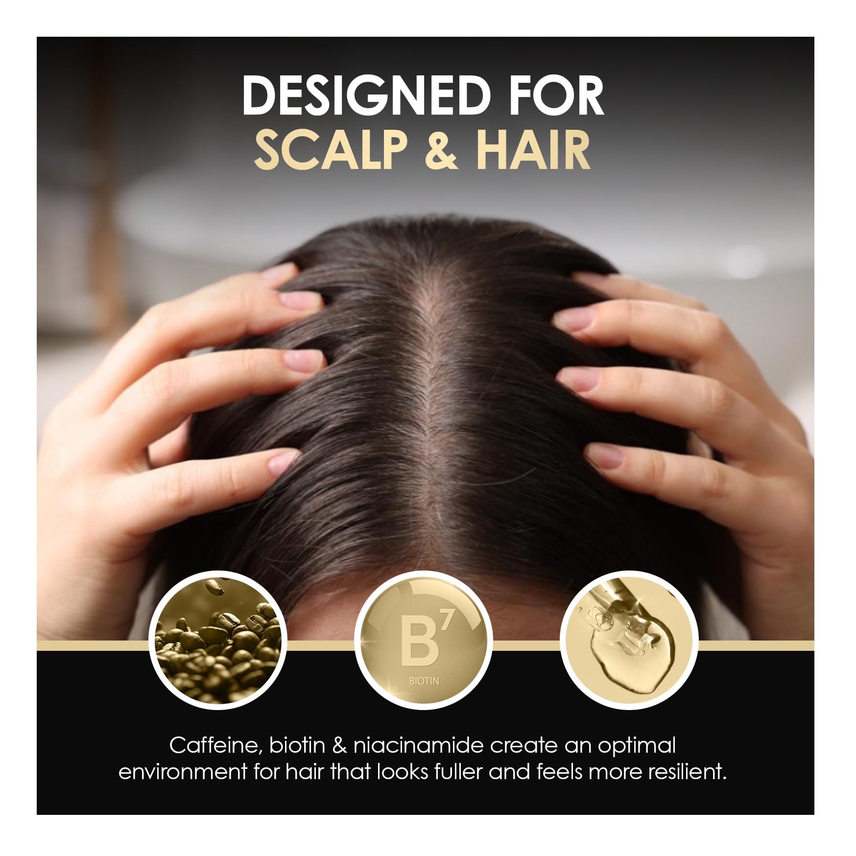 ThickTails shampoo ingredients close-up highlighting caffeine and biotin benefits