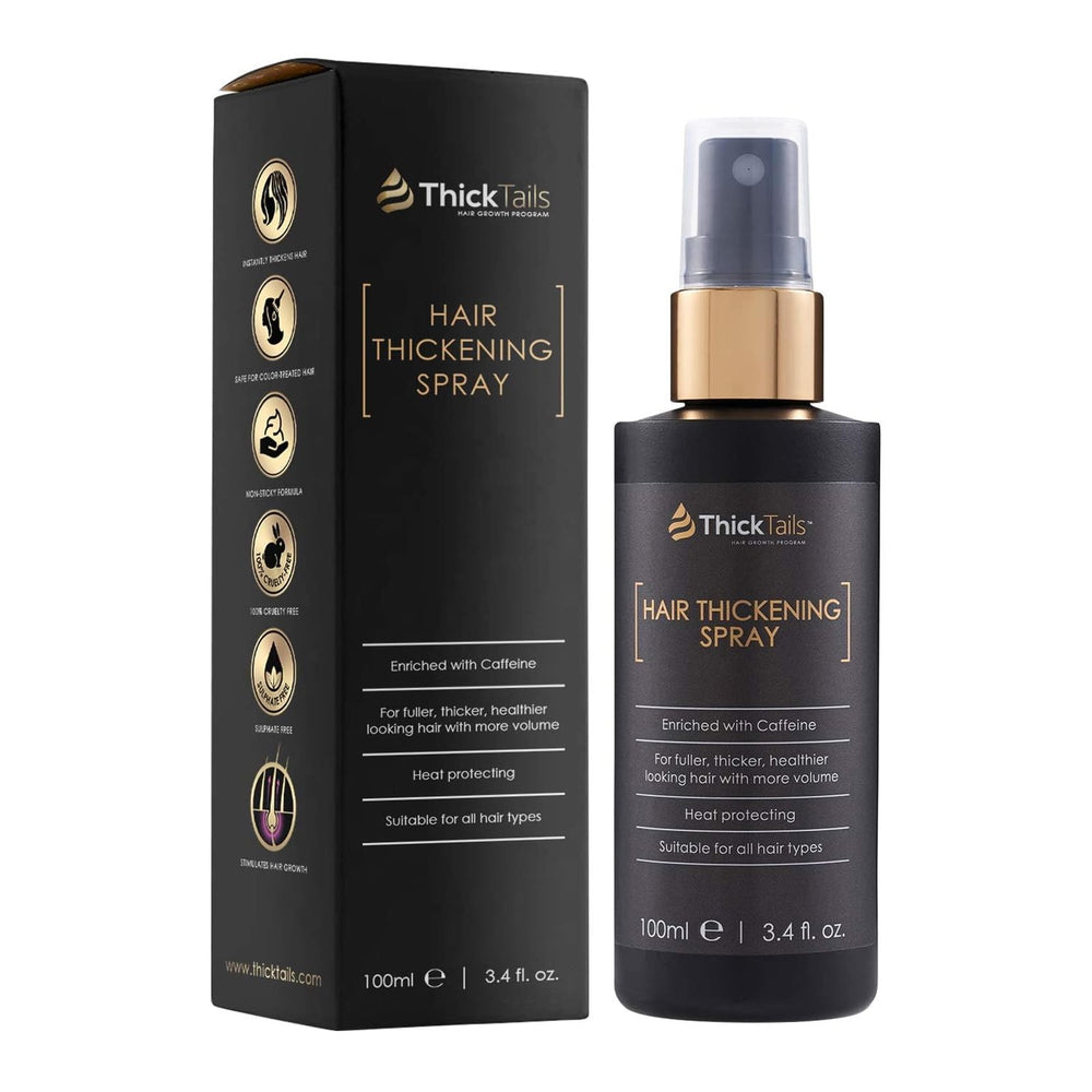 ThickTails hair thickening spray bottle showing instant lift for fine hair.