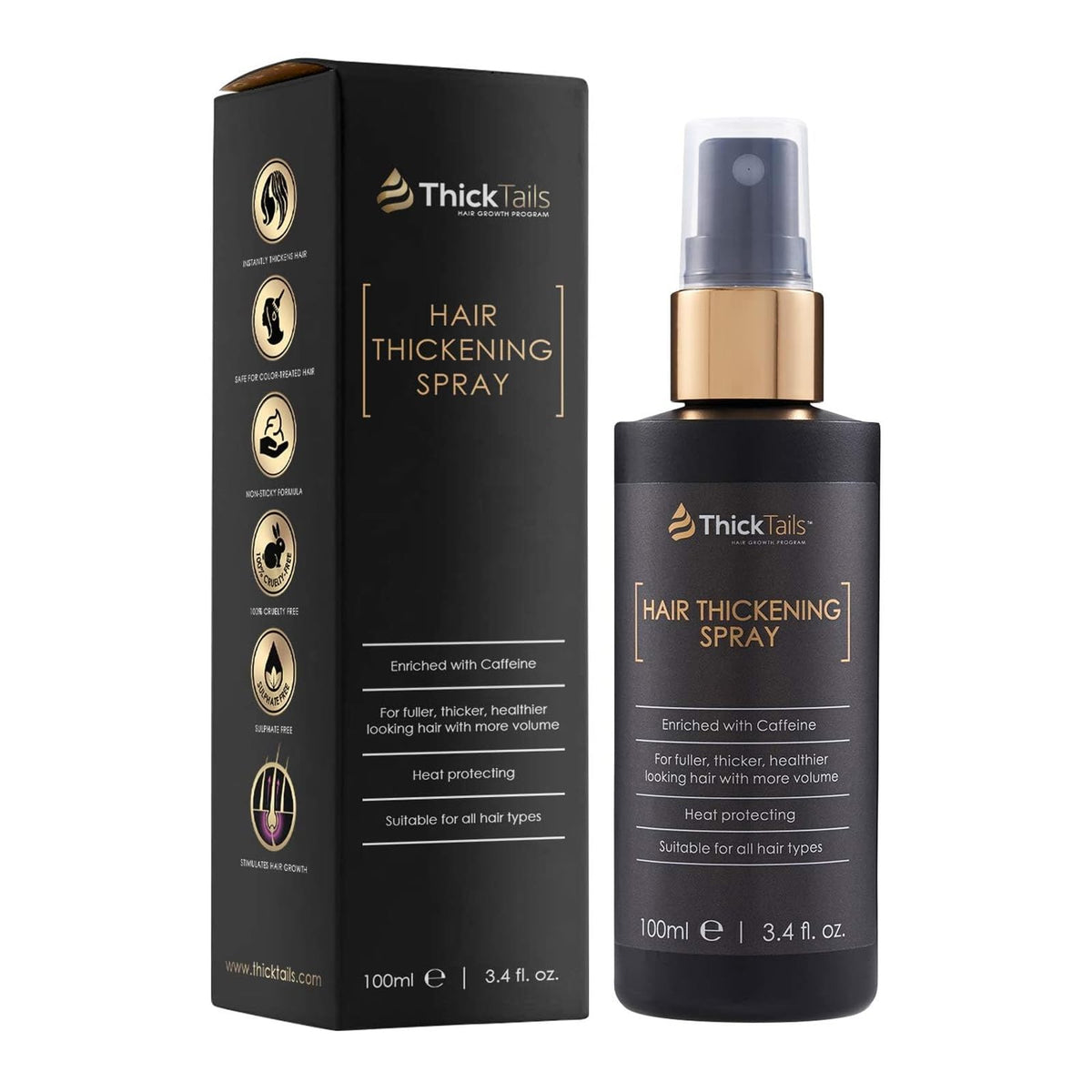 ThickTails hair thickening spray bottle showing instant lift for fine hair.