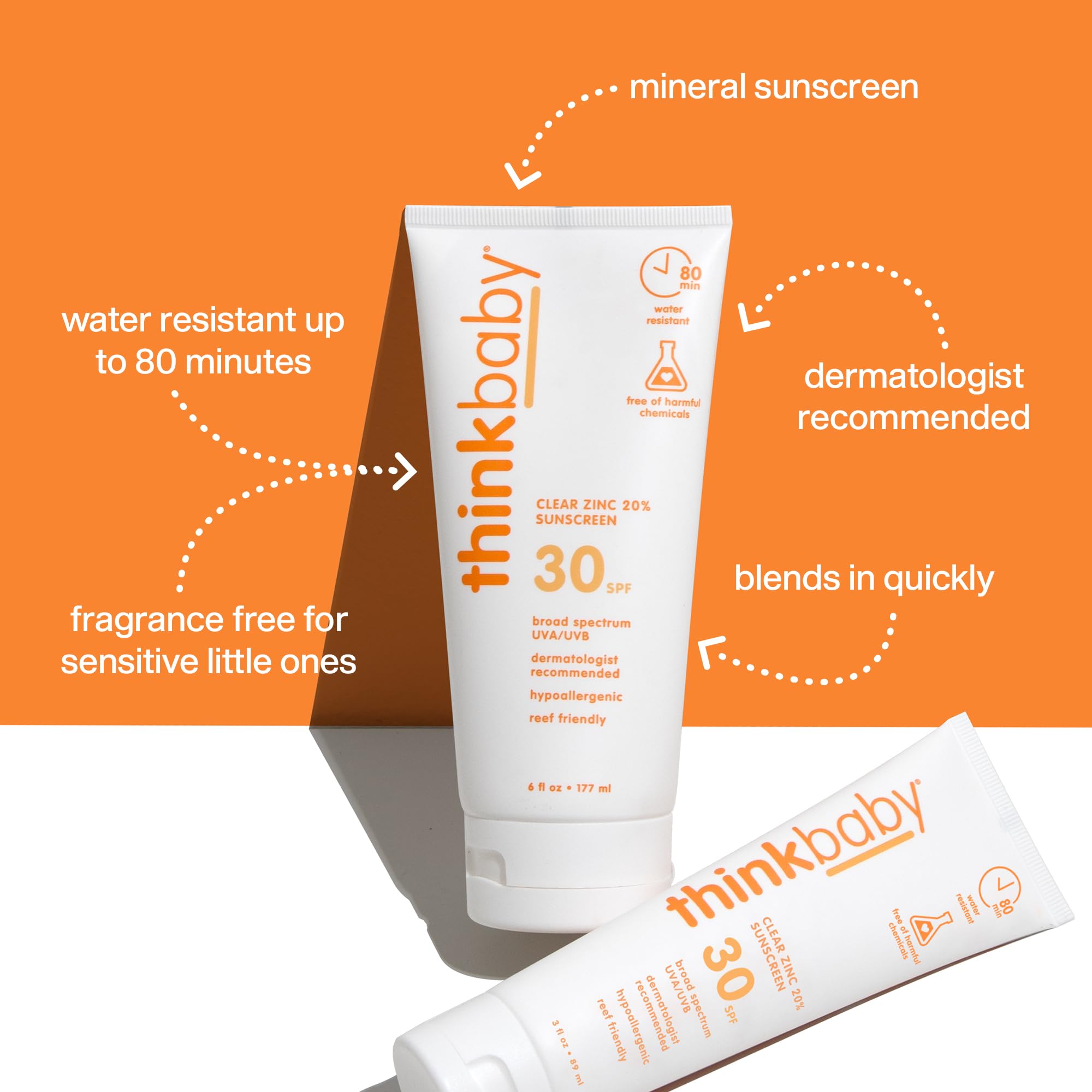 Thinkbaby clear zinc-oxide sunscreen applied to skin for fast-absorbing, non-greasy protection.