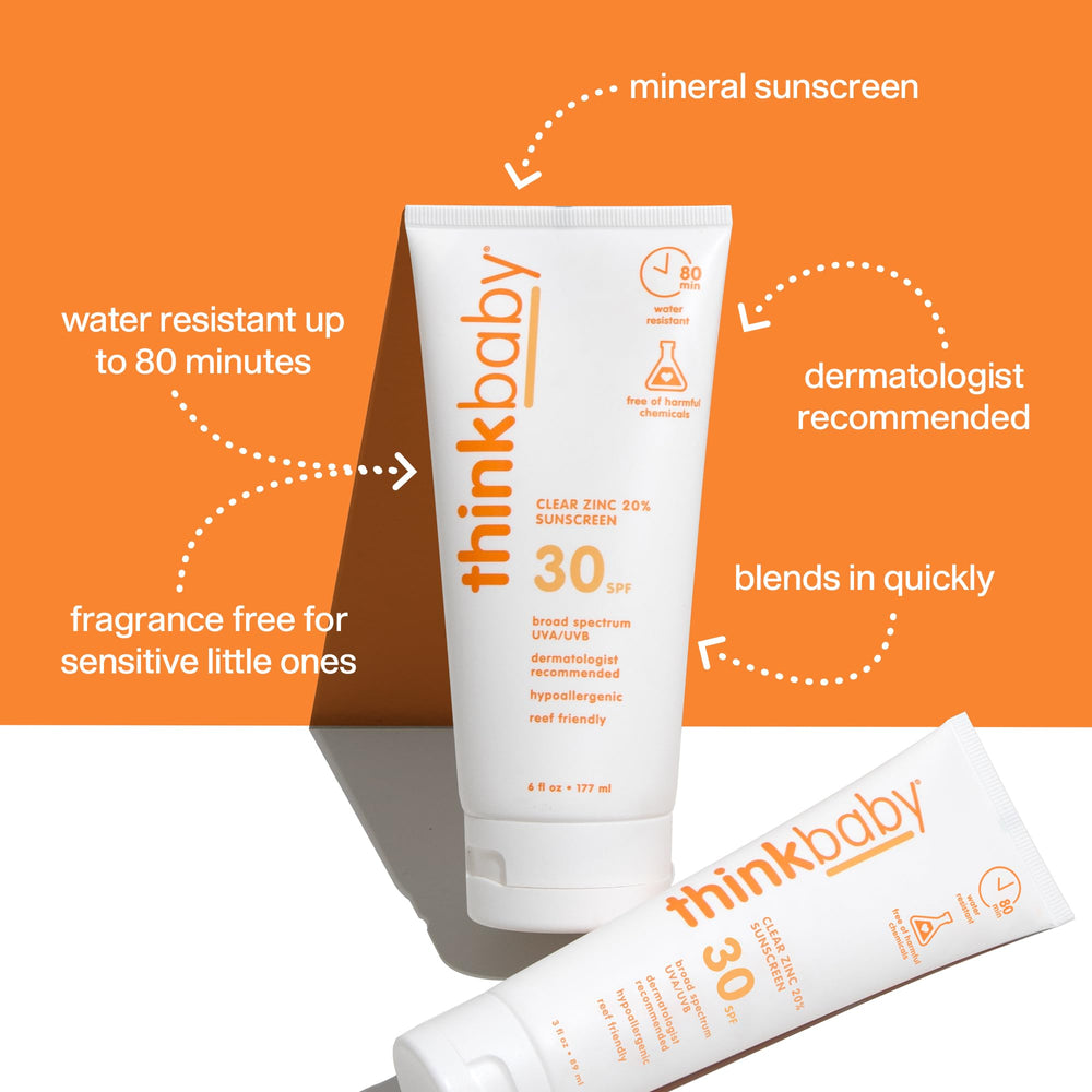 Thinkbaby clear zinc-oxide sunscreen applied to skin for fast-absorbing, non-greasy protection.