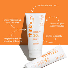 Thinkbaby clear zinc-oxide sunscreen applied to skin for fast-absorbing, non-greasy protection.