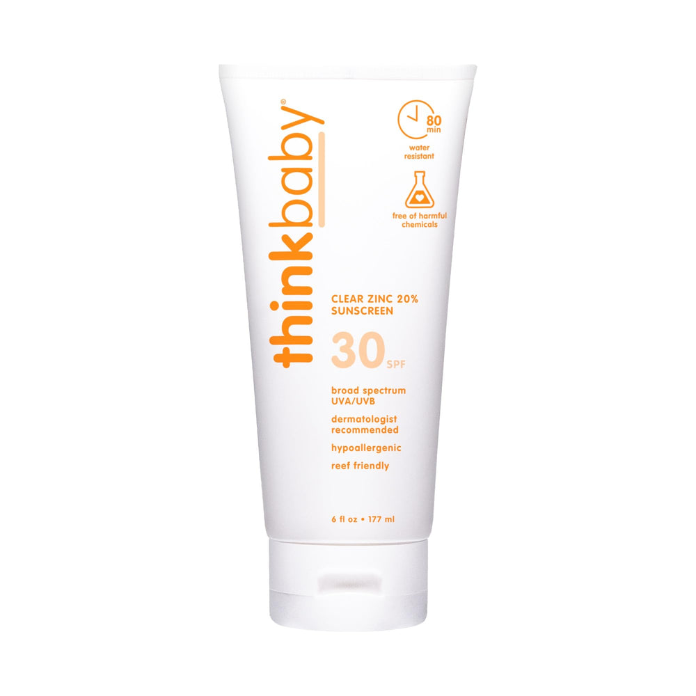 Thinkbaby SPF 30 mineral sunscreen bottle with pump for quick, mess-free application.
