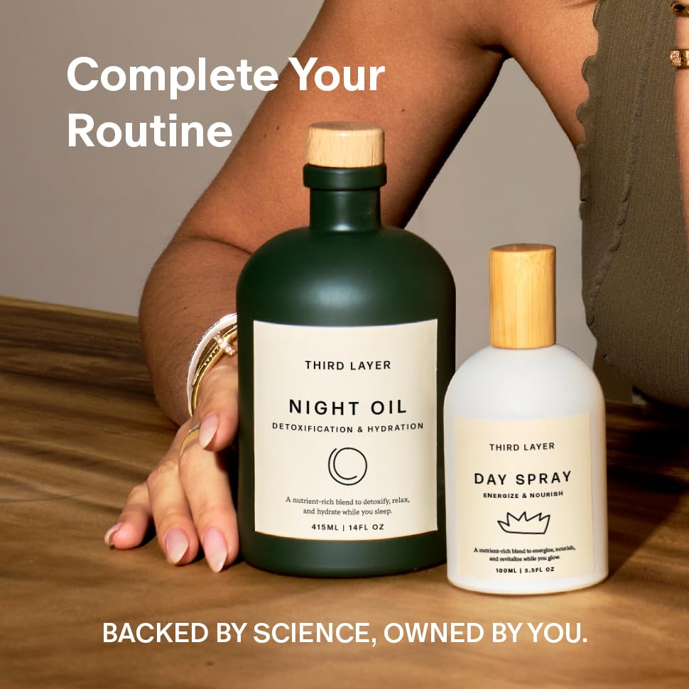 Third Layer Day Spray ingredients label highlights jojoba and moringa oils.