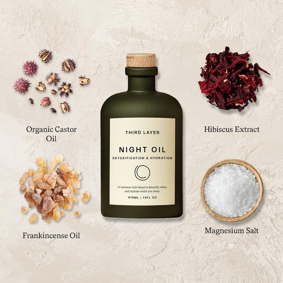 Third Layer Night Oil glass bottle close-up shows premium packaging.