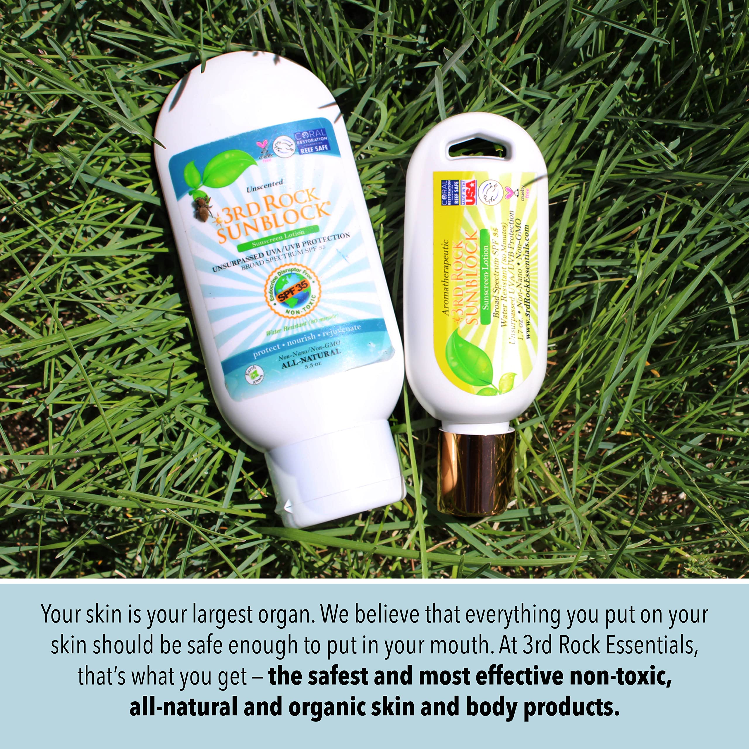 3rd Rock Essentials SunBlock SunScreen Lotion SPF 35+ uses food-grade ingredients.