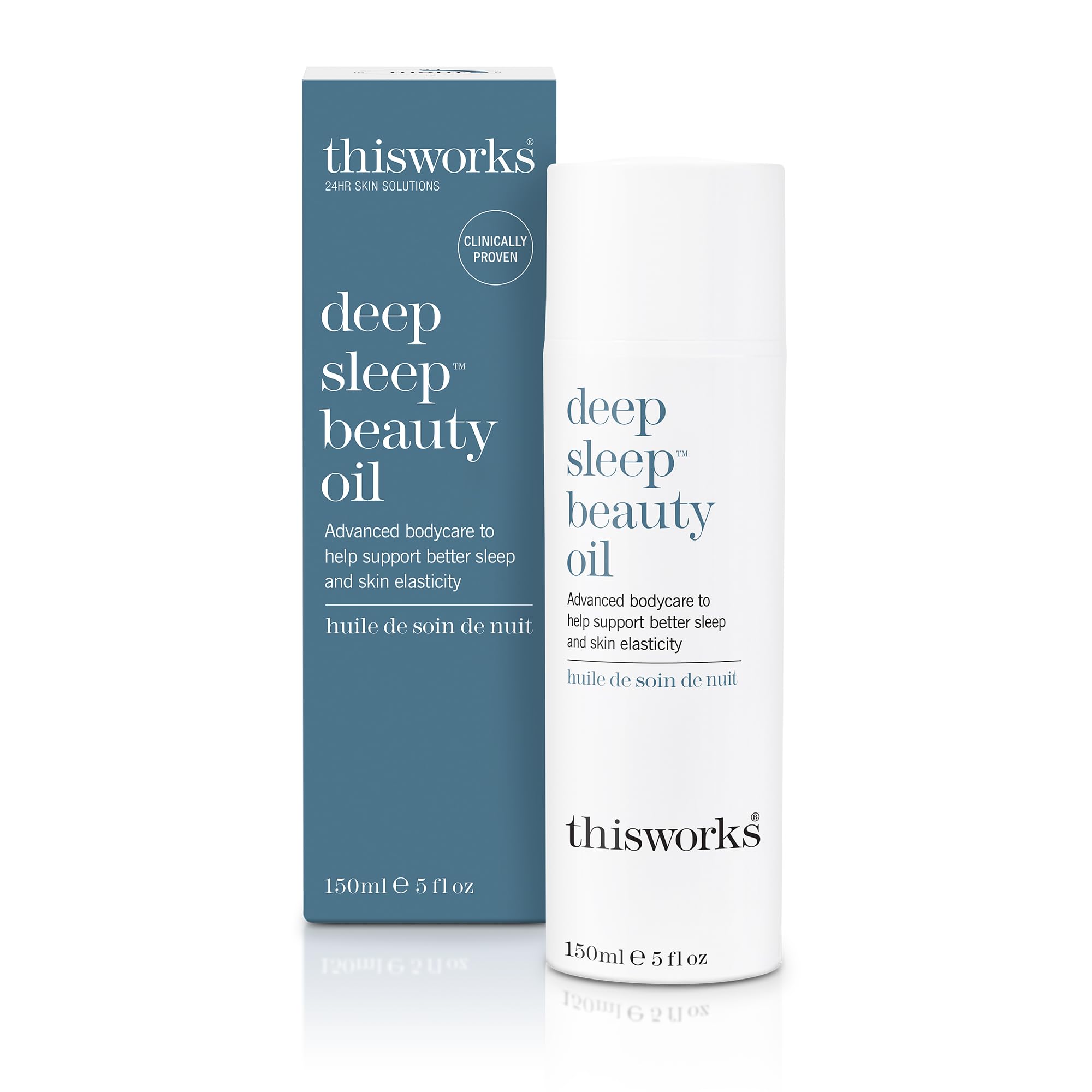 THISWORKS Deep Sleep Beauty Oil bottle on nightstand supports nighttime skin elasticity.