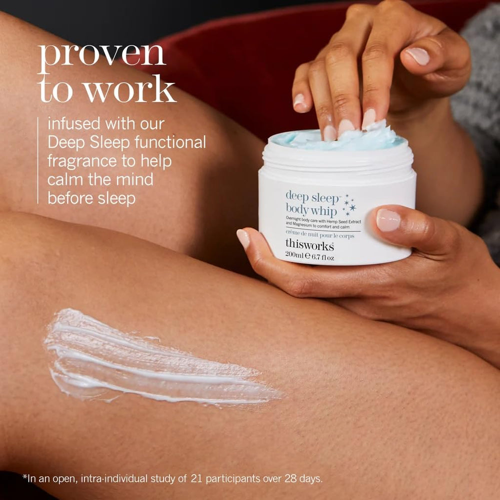 THISWORKS Deep Sleep Body Whip texture close-up highlights velvety whipped formula.