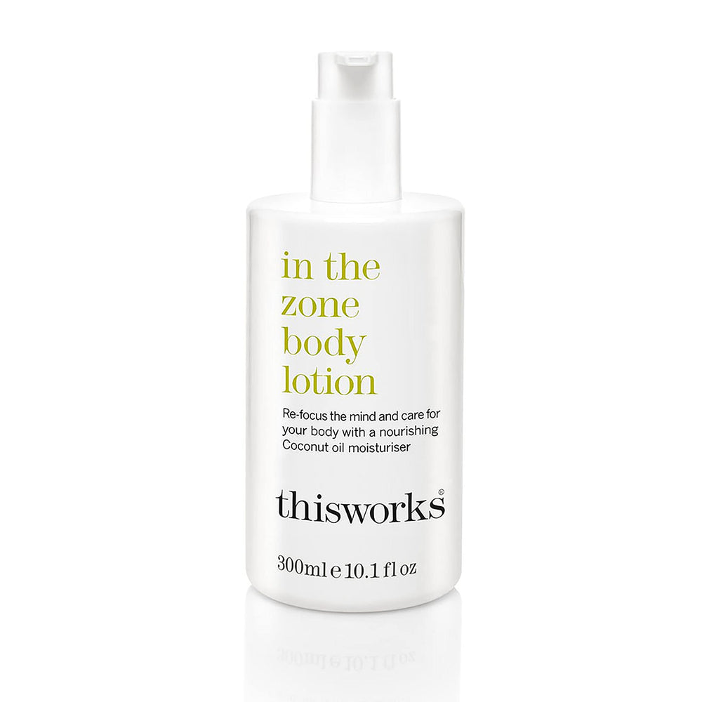 THISWORKS In The Zone bottle closeup showing a hydrating formula for daily use
