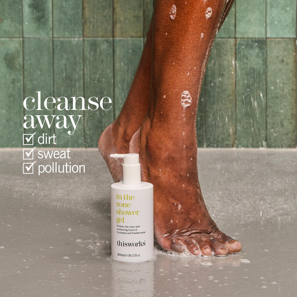 THISWORKS In The Zone Shower Gel bottle back shows eucalyptus and frankincense notes for clarity.