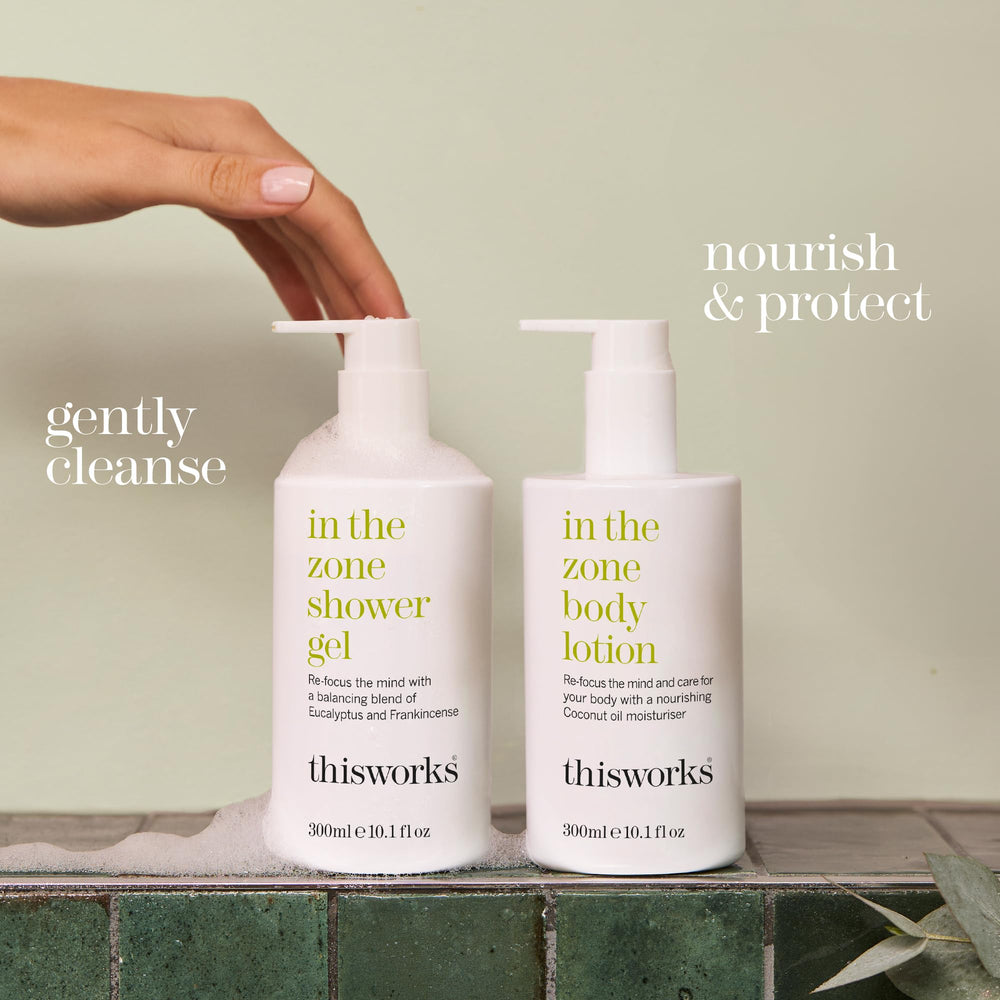 THISWORKS In The Zone Shower Gel ingredients with eucalyptus and frankincense support a focused mood.