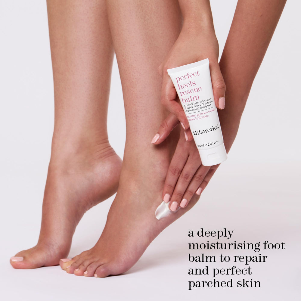 THISWORKS Perfect Heels Rescue Balm being applied to feet to soothe dryness