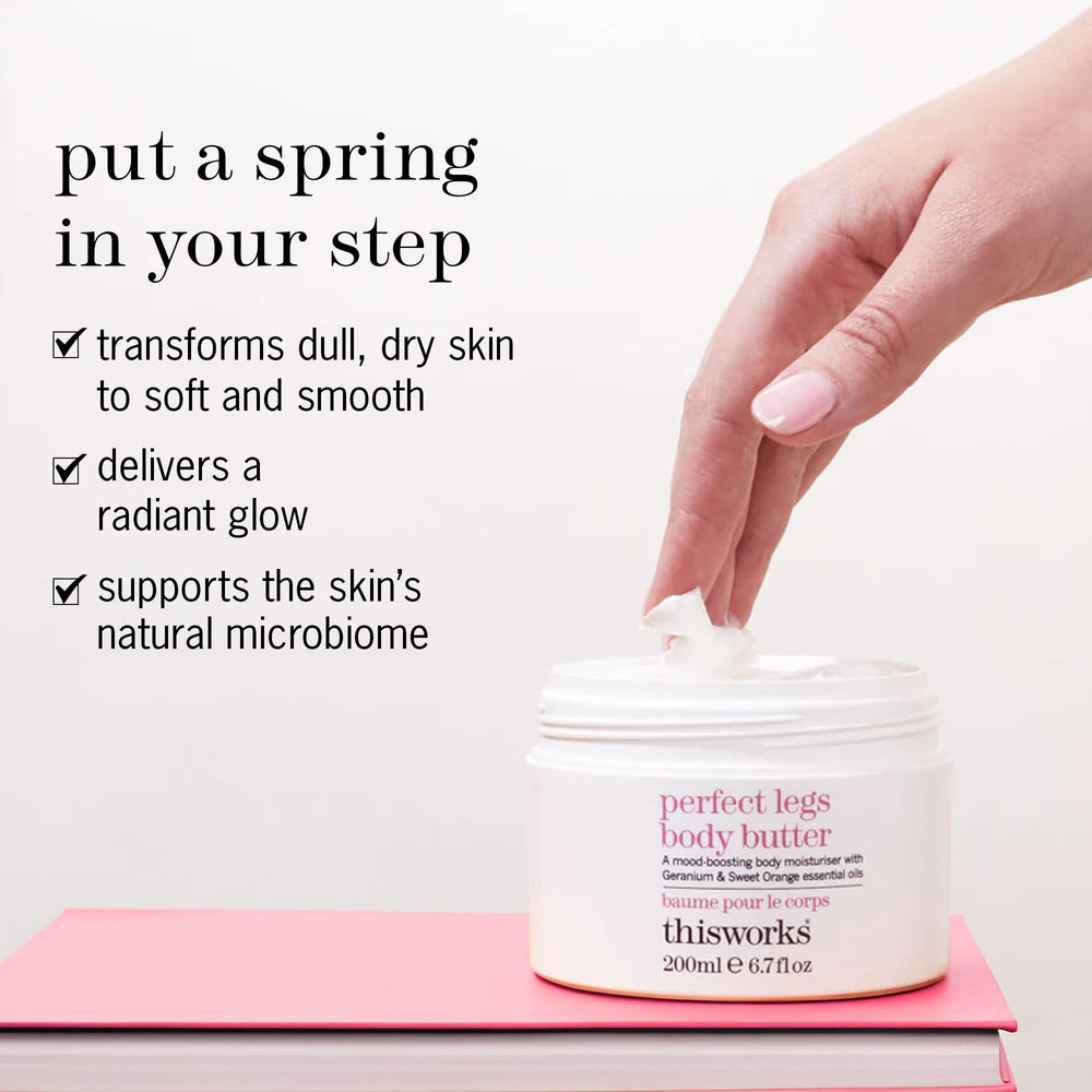 Hands applying THISWORKS Perfect Legs Butter for quick absorption and soft skin
