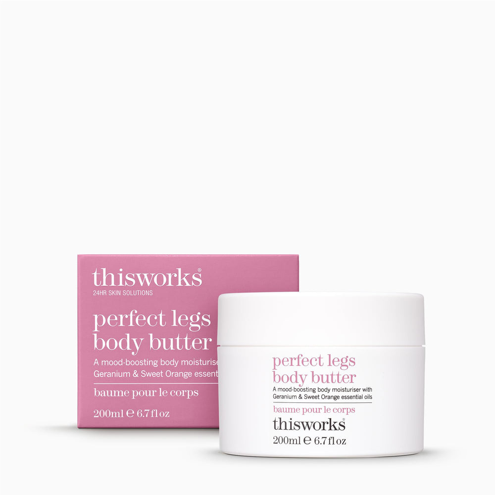 THISWORKS Perfect Legs Butter tub demonstrates creamy texture for deep hydration