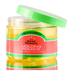 Three Flowers Molding Pomade bottle showing greaseless, water-based hold for flexible styling