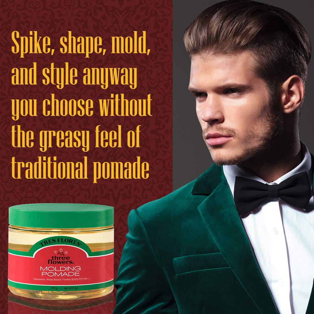 Three Flowers Pomade application on hair enables versatile styling on wet or dry looks.